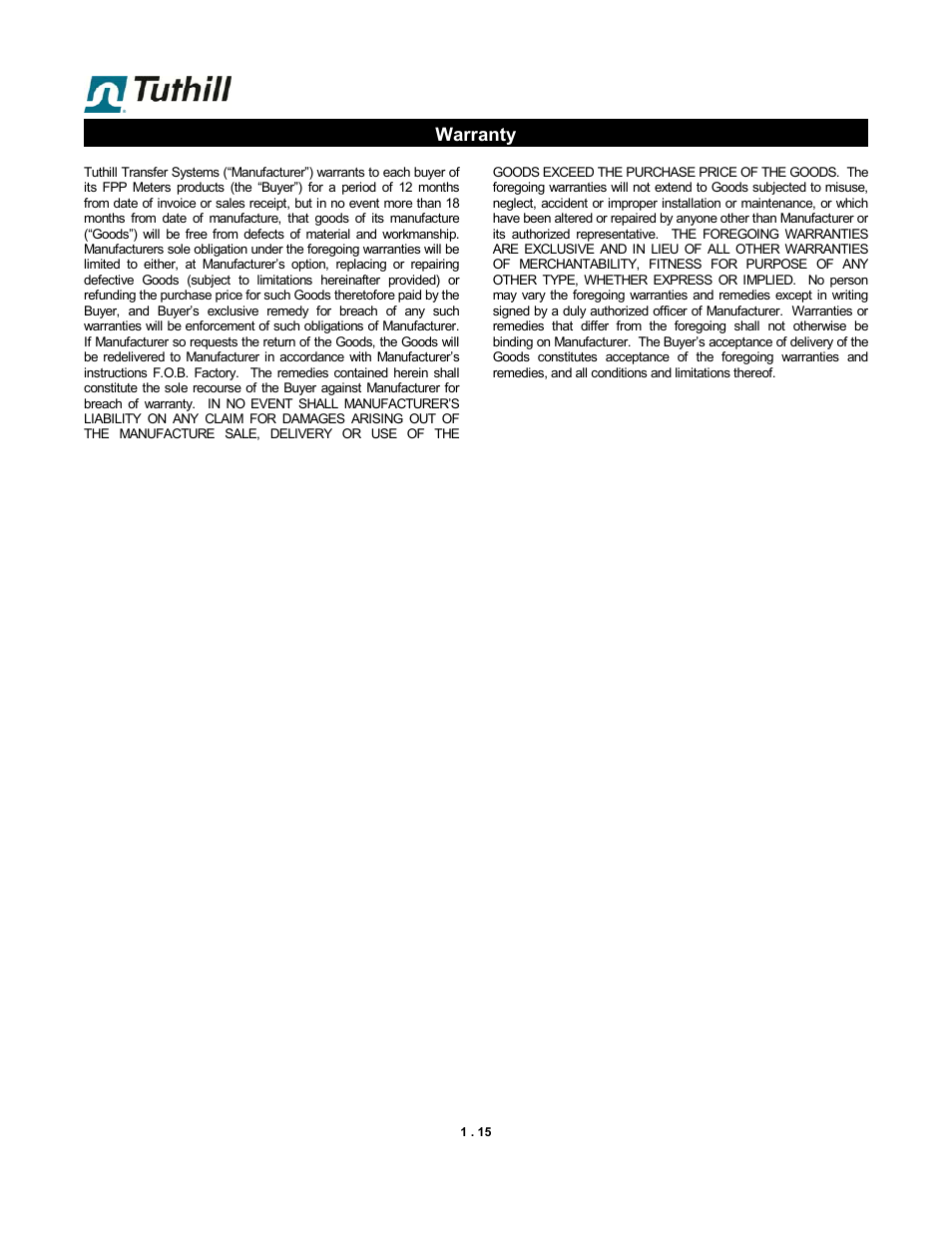 Warranty | Fill-Rite TS SS Electronic Precision Meter User Manual | Page 15 / 15