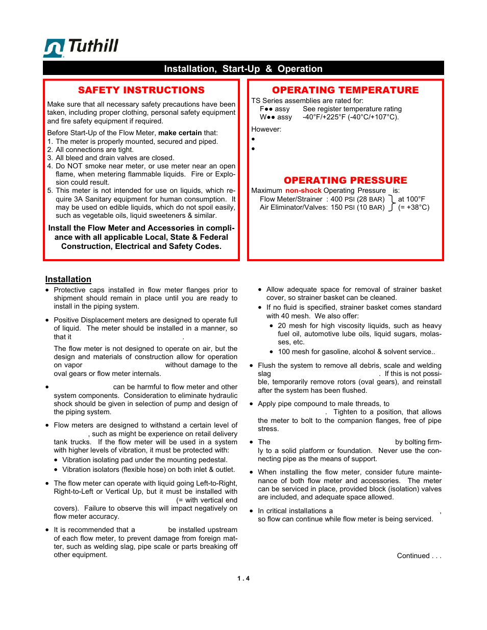 Safety instructions, Installation, start-up & operation, Operating temperature | Operating pressure | Fill-Rite TS SS Electronic Precision Meter User Manual | Page 4 / 15