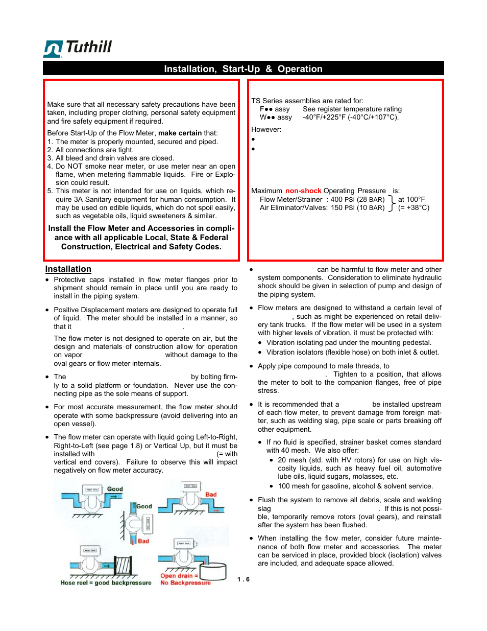Safety instructions, Installation, start-up & operation, Operating temperature | Operating pressure | Fill-Rite TS SS F & W Precision Meter User Manual | Page 6 / 28