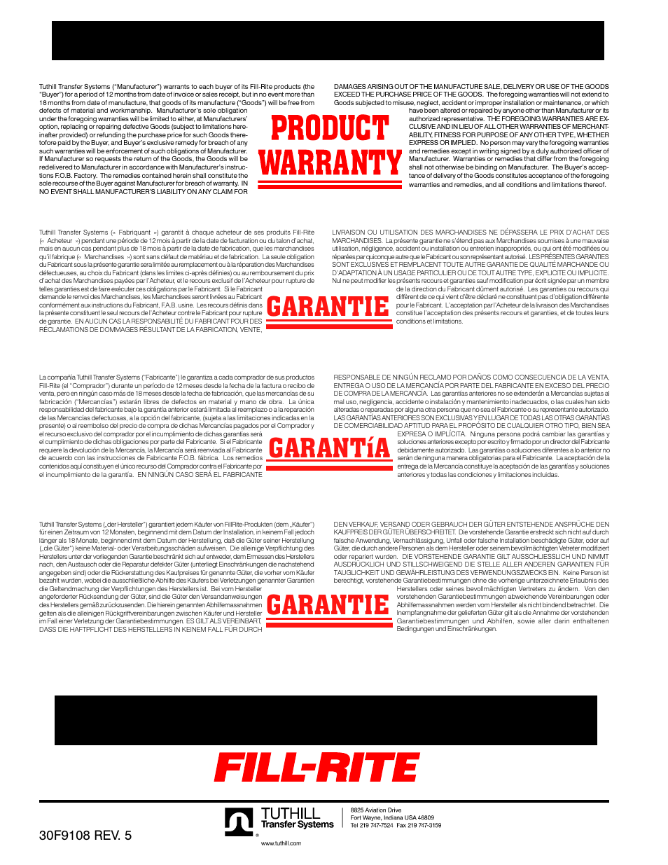 Garantía garantie garantie | Fill-Rite 30 Series Pump User Manual | Page 12 / 12