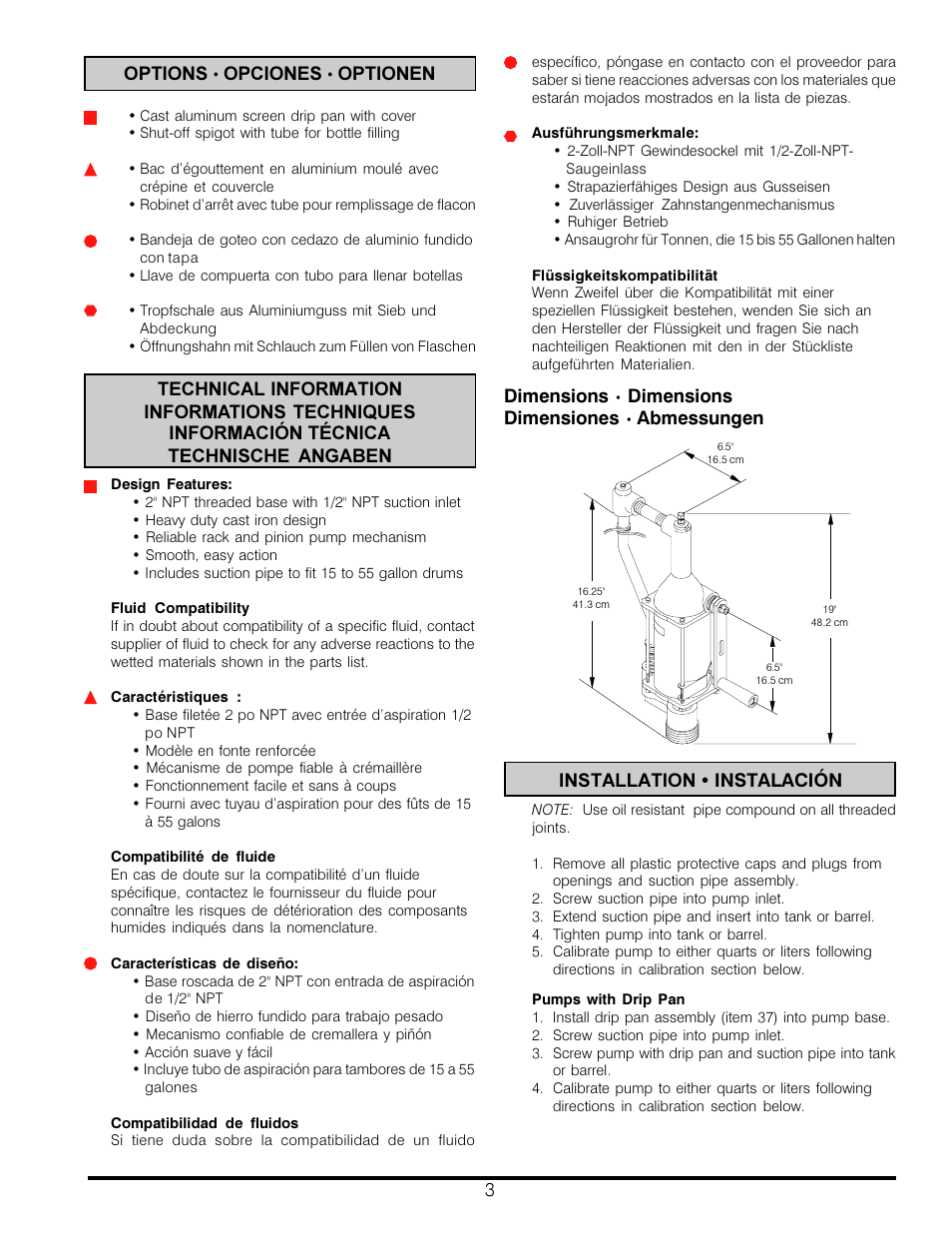 Dimensions, Dimensions dimensiones, Abmessungen installation  instalación | 3options, Opciones, Optionen | Fill-Rite 30 Series Pump User Manual | Page 3 / 12