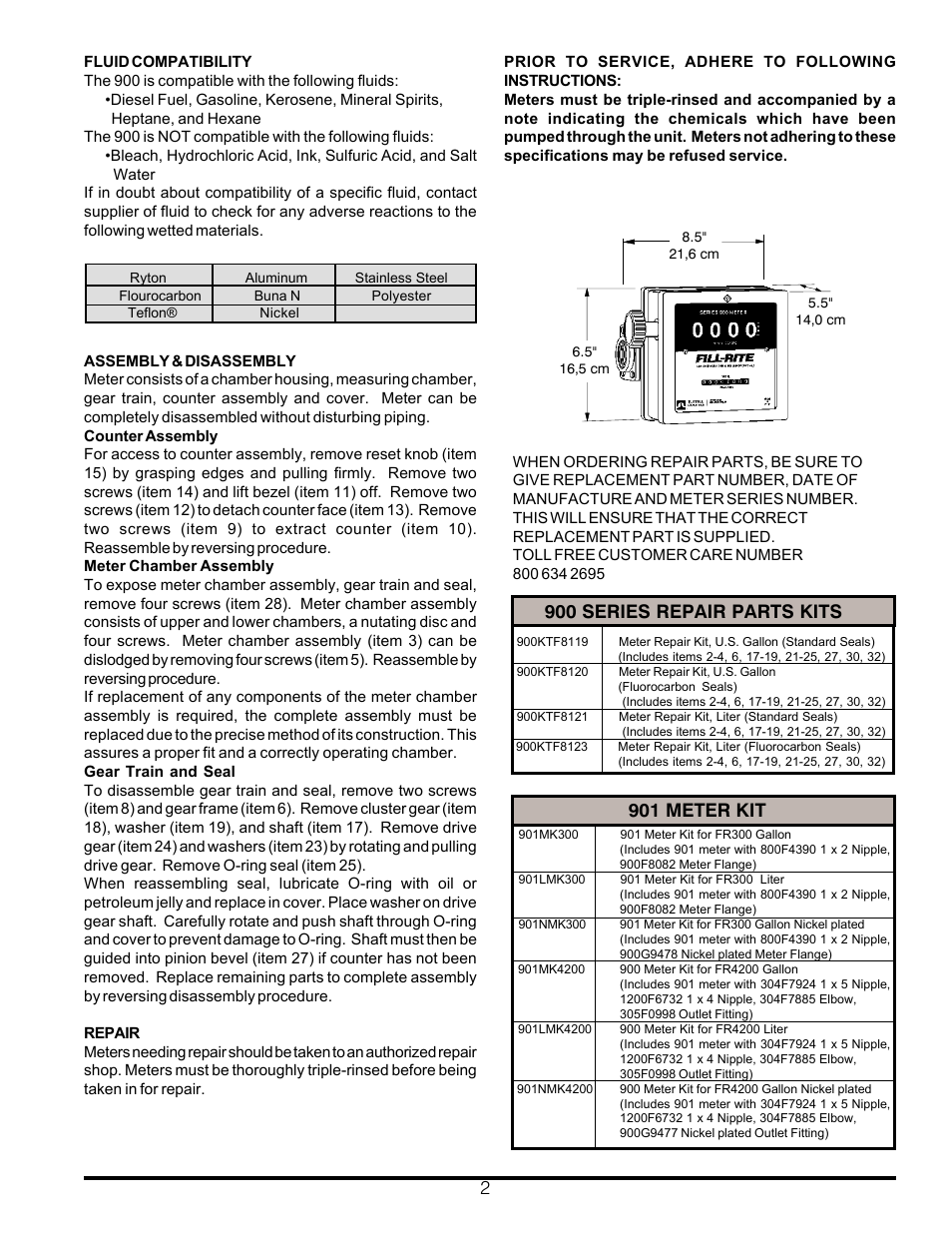 900 series repair parts kits, 901 meter kit | Fill-Rite 900 Series Meter User Manual | Page 2 / 4