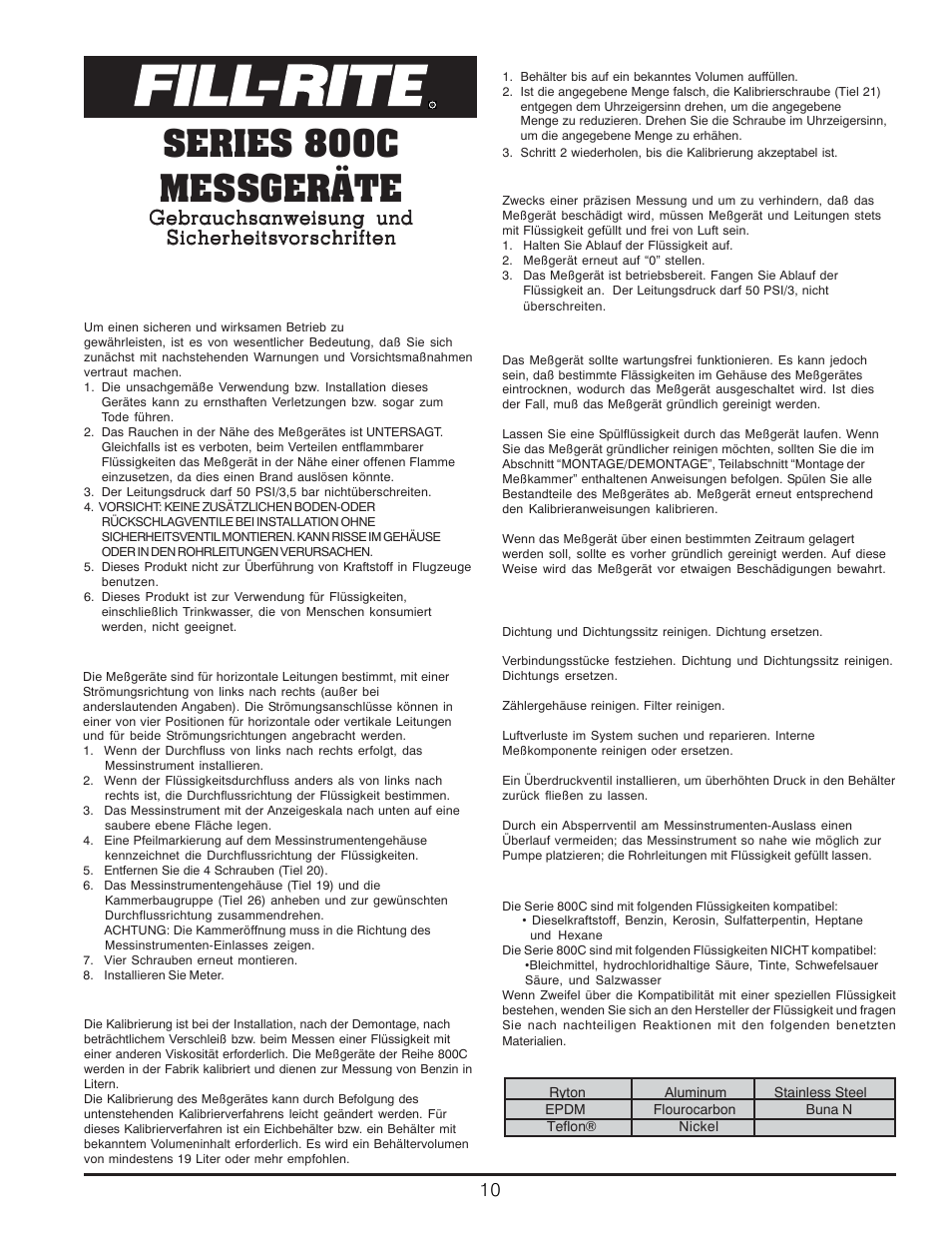 Series 800c messgeräte, Gebrauchsanweisung und, Kalibrierung | Sicherheitsanweisungen, Installation, Bedienungsanweisungen, Anweisungenzur fehleranalyse, Kompatible flüssigkeiten, Wartung | Fill-Rite 800C Series Mechanical Meter User Manual | Page 10 / 12