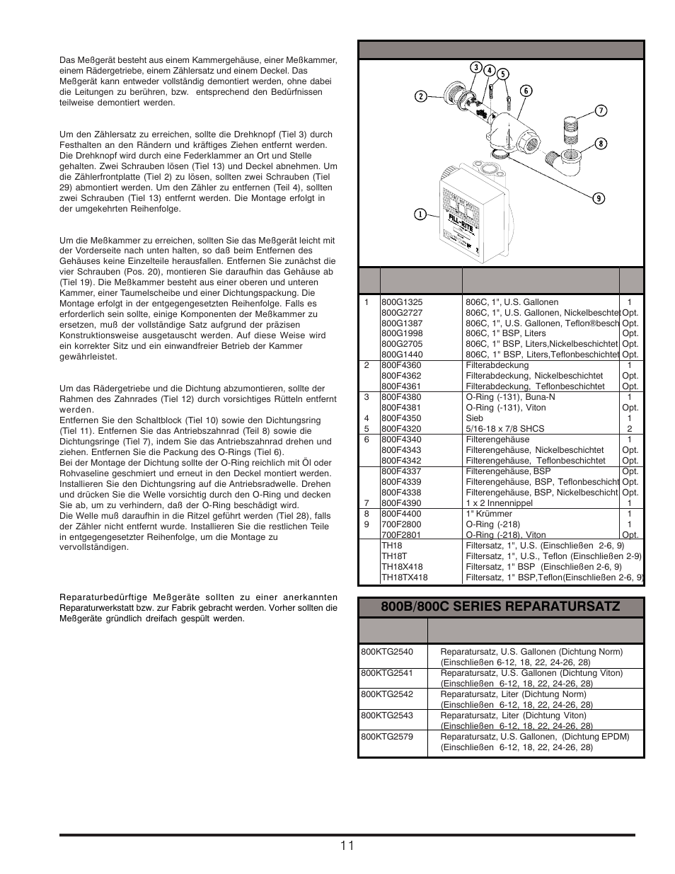 800c series filtersatz, Montage/ demontage, Reparatur | Fill-Rite 800C Series Mechanical Meter User Manual | Page 11 / 12