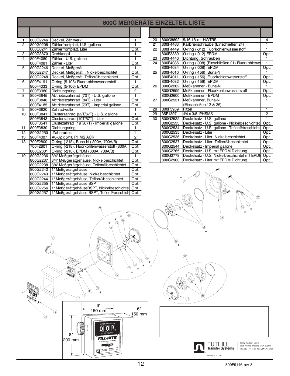 800c meßgeräte einzelteil liste | Fill-Rite 800C Series Mechanical Meter User Manual | Page 12 / 12