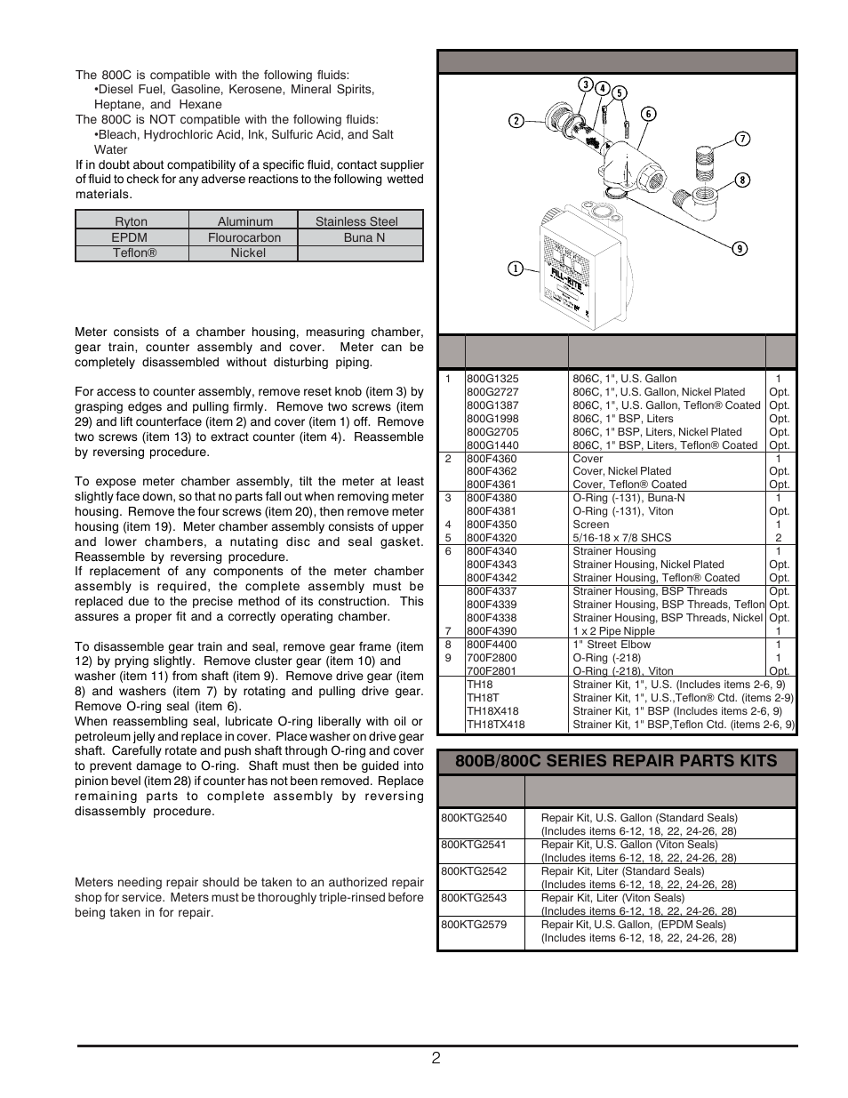 2assembly / disassembly, Fluid compatibility, Repair | 800c series strainer kit | Fill-Rite 800C Series Mechanical Meter User Manual | Page 2 / 12