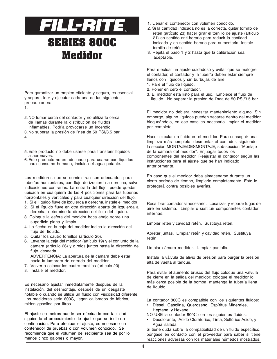 Series 800c medidor, Manual de operación y seguridad | Fill-Rite 800C Series Mechanical Meter User Manual | Page 4 / 12