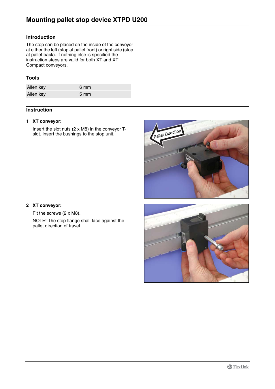 Mounting pallet stop device xtpd u200 | FlexLink XT (макс. 30 кг) Монтаж User Manual | Page 38 / 74