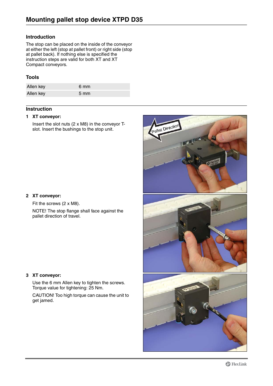 Mounting pallet stop device xtpd d35 | FlexLink XT (макс. 30 кг) Монтаж User Manual | Page 40 / 74