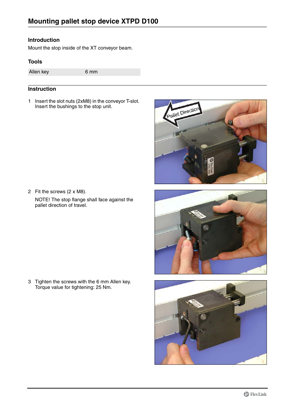 Mounting pallet stop device xtpd d100 | FlexLink XT (макс. 30 кг) Монтаж User Manual | Page 42 / 74