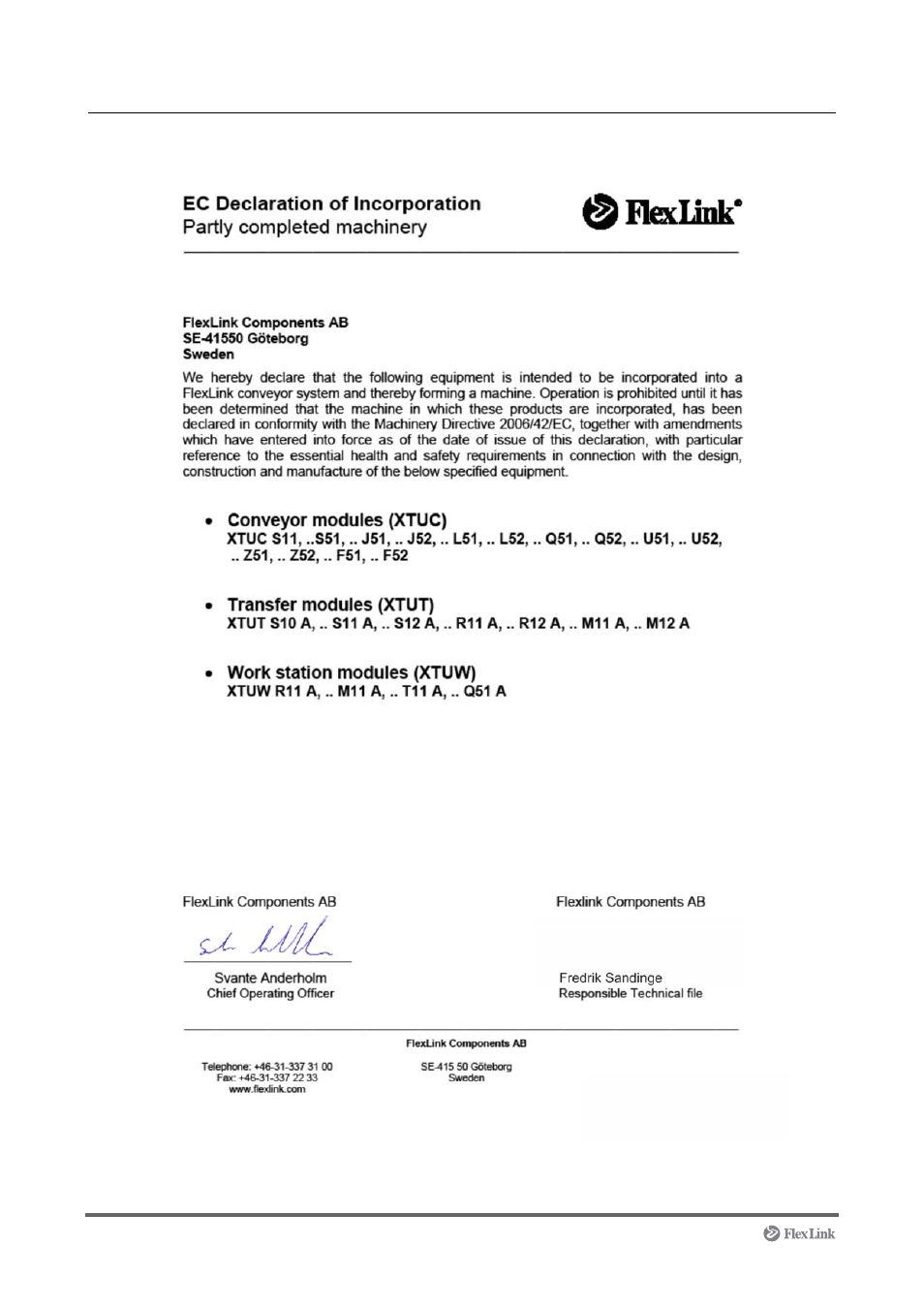 Ec declaration, Appendix | FlexLink XT (макс. 30 кг) Монтаж User Manual | Page 74 / 74