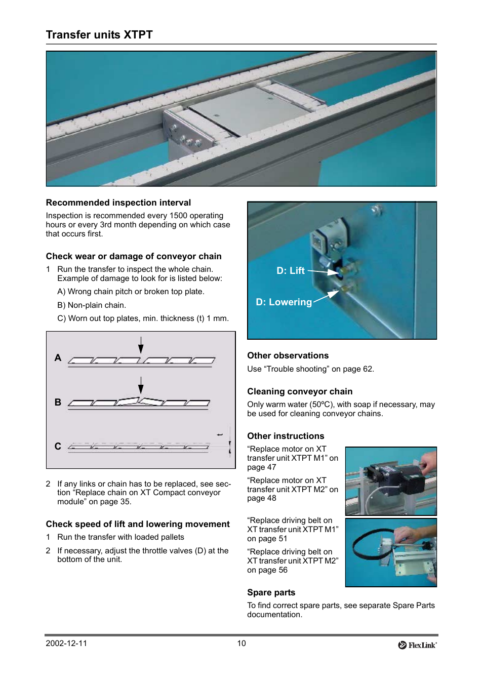 Transfer units xtpt, Recommended inspection interval, Check wear or damage of conveyor chain | Check speed of lift and lowering movement, 1 run the transfer with loaded pallets, Other observations, Cleaning conveyor chain, Other instructions, Spare parts | FlexLink XT (макс. 30 кг) Тех. обслуживание User Manual | Page 10 / 67
