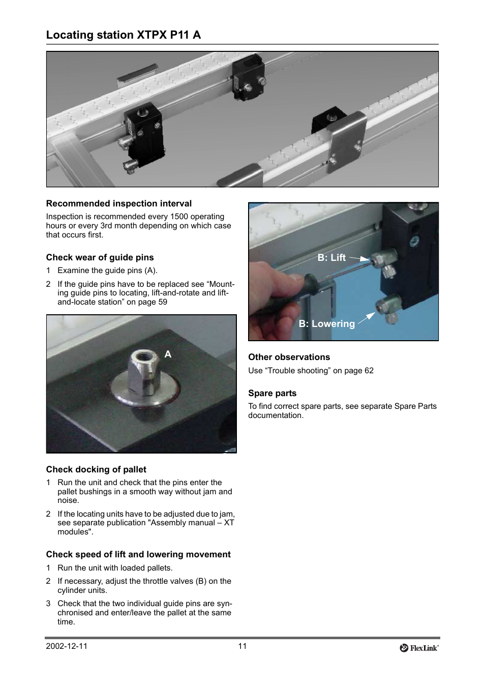 Locating station xtpx p11 a, Recommended inspection interval, Check wear of guide pins | 1 examine the guide pins (a), Check docking of pallet, Check speed of lift and lowering movement, 1 run the unit with loaded pallets, Other observations, Spare parts | FlexLink XT (макс. 30 кг) Тех. обслуживание User Manual | Page 11 / 67