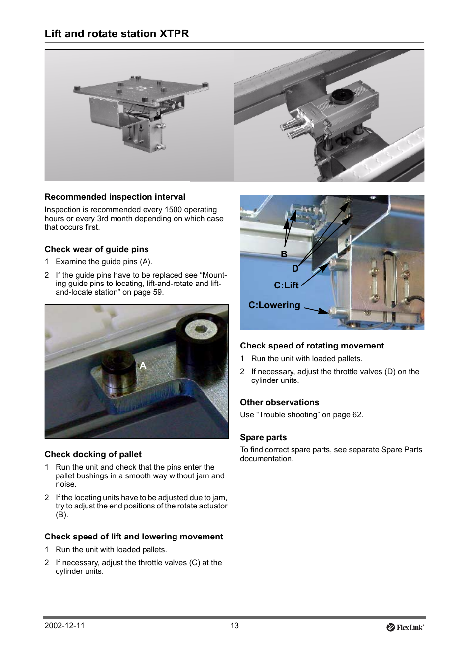 Lift and rotate station xtpr, Recommended inspection interval, Check wear of guide pins | 1 examine the guide pins (a), Check docking of pallet, Check speed of lift and lowering movement, 1 run the unit with loaded pallets, Check speed of rotating movement, Other observations, Spare parts | FlexLink XT (макс. 30 кг) Тех. обслуживание User Manual | Page 13 / 67