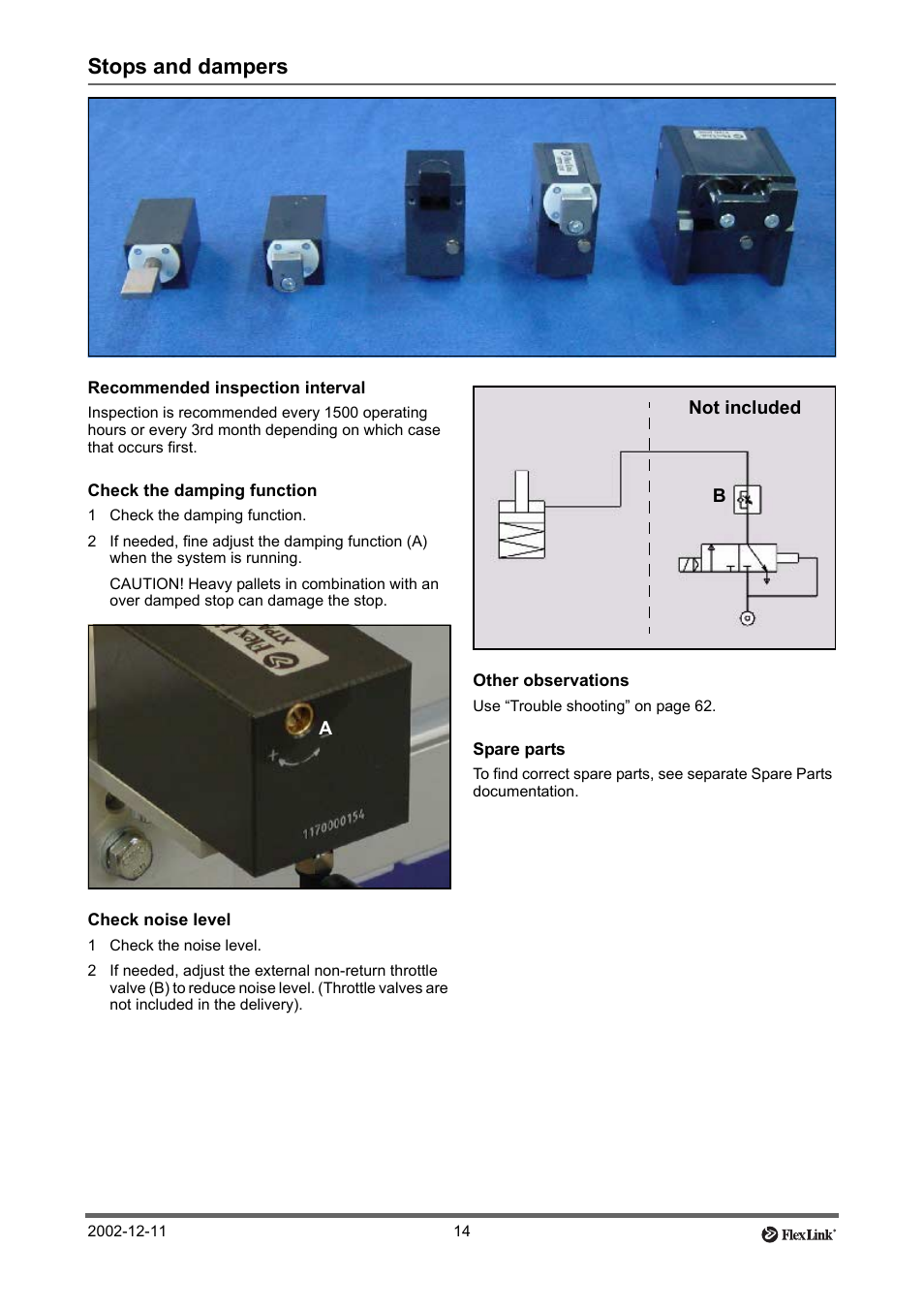 Stops and dampers, Recommended inspection interval, Check the damping function | 1 check the damping function, Check noise level, 1 check the noise level, Other observations, Spare parts | FlexLink XT (макс. 30 кг) Тех. обслуживание User Manual | Page 14 / 67