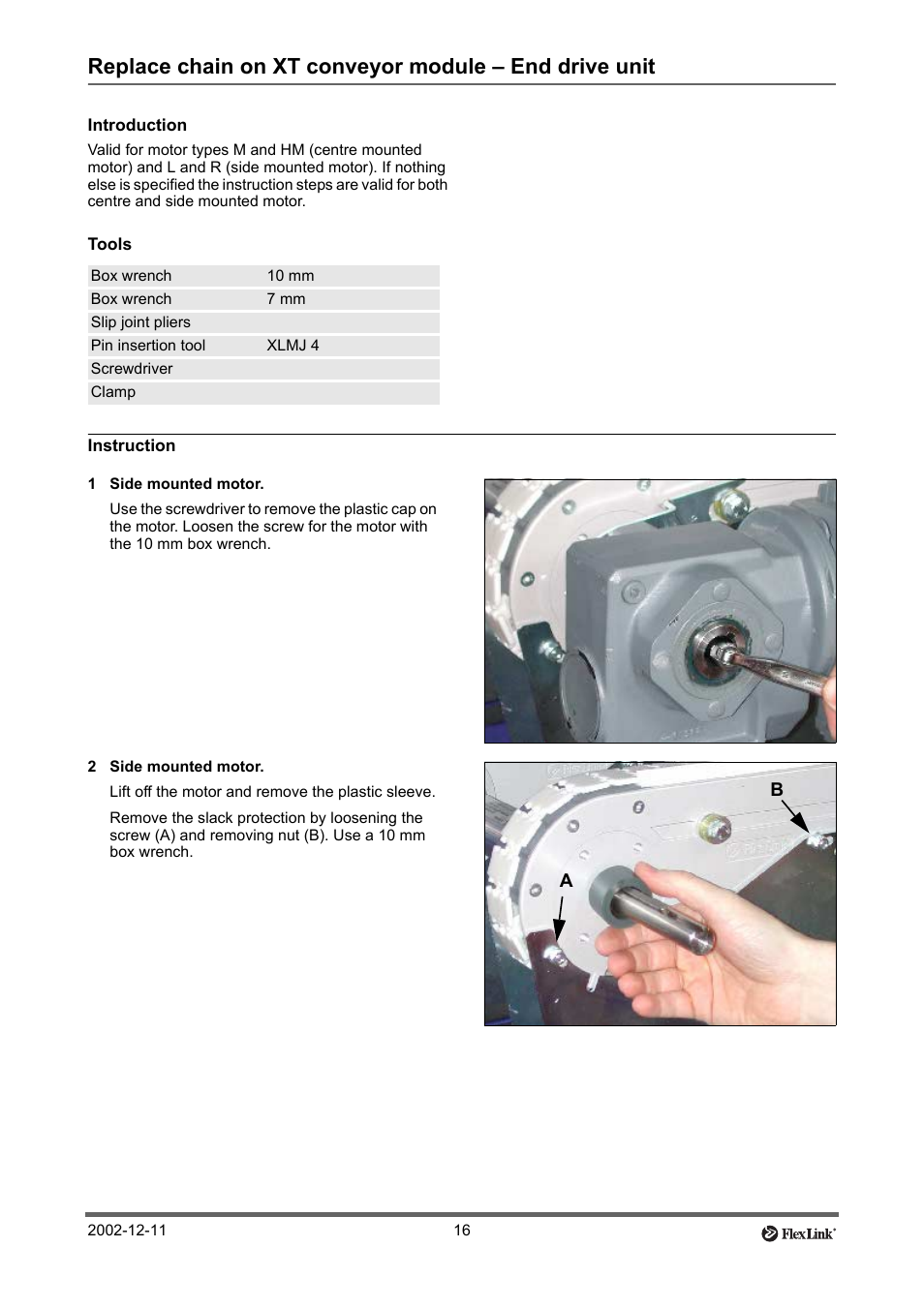 Introduction, Tools, Instruction | 1 side mounted motor, 2 side mounted motor, Replace chain on xt conveyor module – end, E “replace chain on xt conveyor | FlexLink XT (макс. 30 кг) Тех. обслуживание User Manual | Page 16 / 67