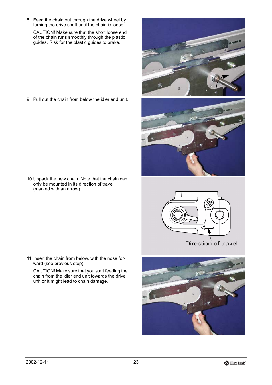 9 pull out the chain from below the idler end unit, Direction of travel | FlexLink XT (макс. 30 кг) Тех. обслуживание User Manual | Page 23 / 67