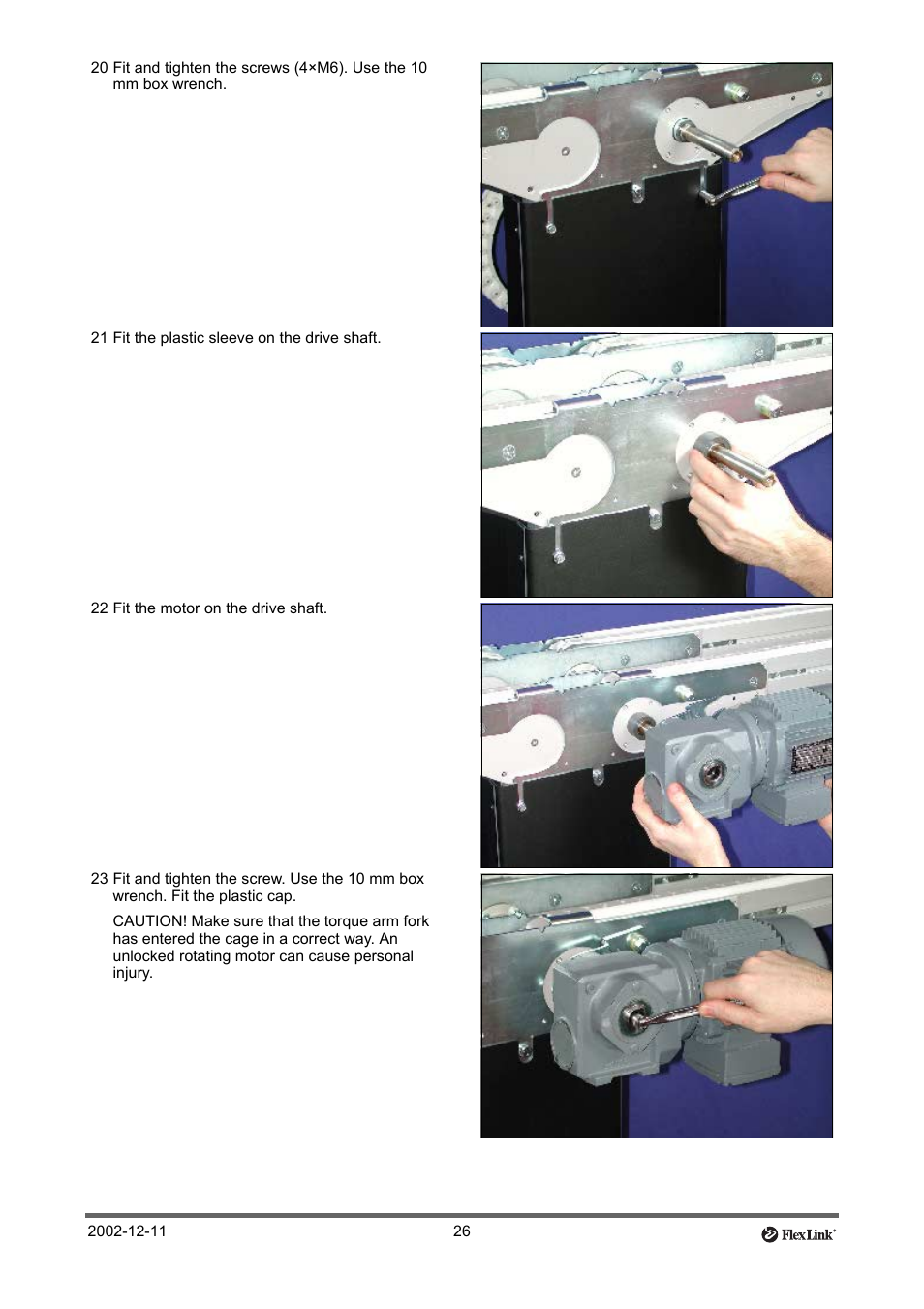 21 fit the plastic sleeve on the drive shaft, 22 fit the motor on the drive shaft | FlexLink XT (макс. 30 кг) Тех. обслуживание User Manual | Page 26 / 67