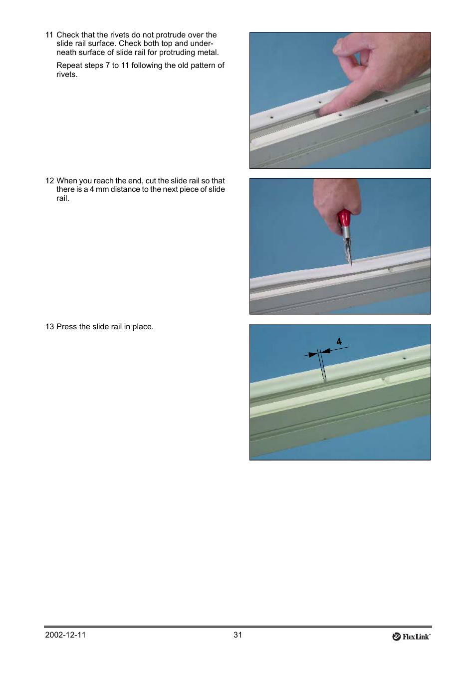13 press the slide rail in place | FlexLink XT (макс. 30 кг) Тех. обслуживание User Manual | Page 31 / 67