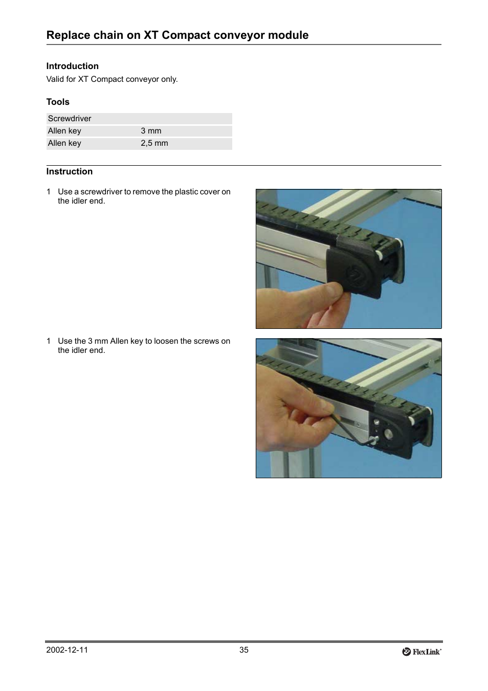 Replace chain on xt compact conveyor module, Introduction, Tools | Instruction, Replace chain on xt compact conveyor | FlexLink XT (макс. 30 кг) Тех. обслуживание User Manual | Page 35 / 67