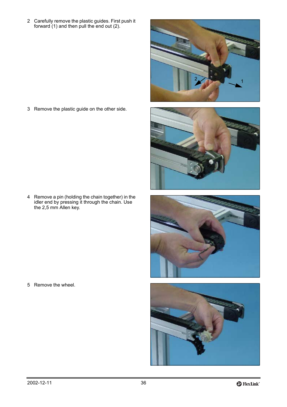 3 remove the plastic guide on the other side, 5 remove the wheel | FlexLink XT (макс. 30 кг) Тех. обслуживание User Manual | Page 36 / 67