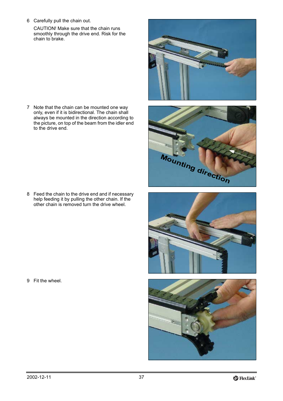 6 carefully pull the chain out, 9 fit the wheel, Mou nting dire ction | FlexLink XT (макс. 30 кг) Тех. обслуживание User Manual | Page 37 / 67