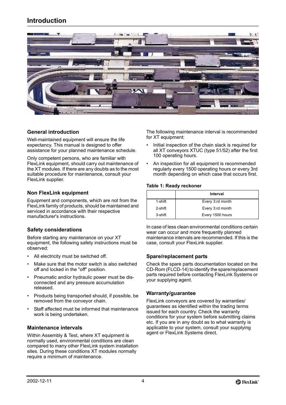 Introduction, General introduction, Non flexlink equipment | Safety considerations, Maintenance intervals, Table 1: ready reckoner, Spare/replacement parts, Warranty/guarantee | FlexLink XT (макс. 30 кг) Тех. обслуживание User Manual | Page 4 / 67