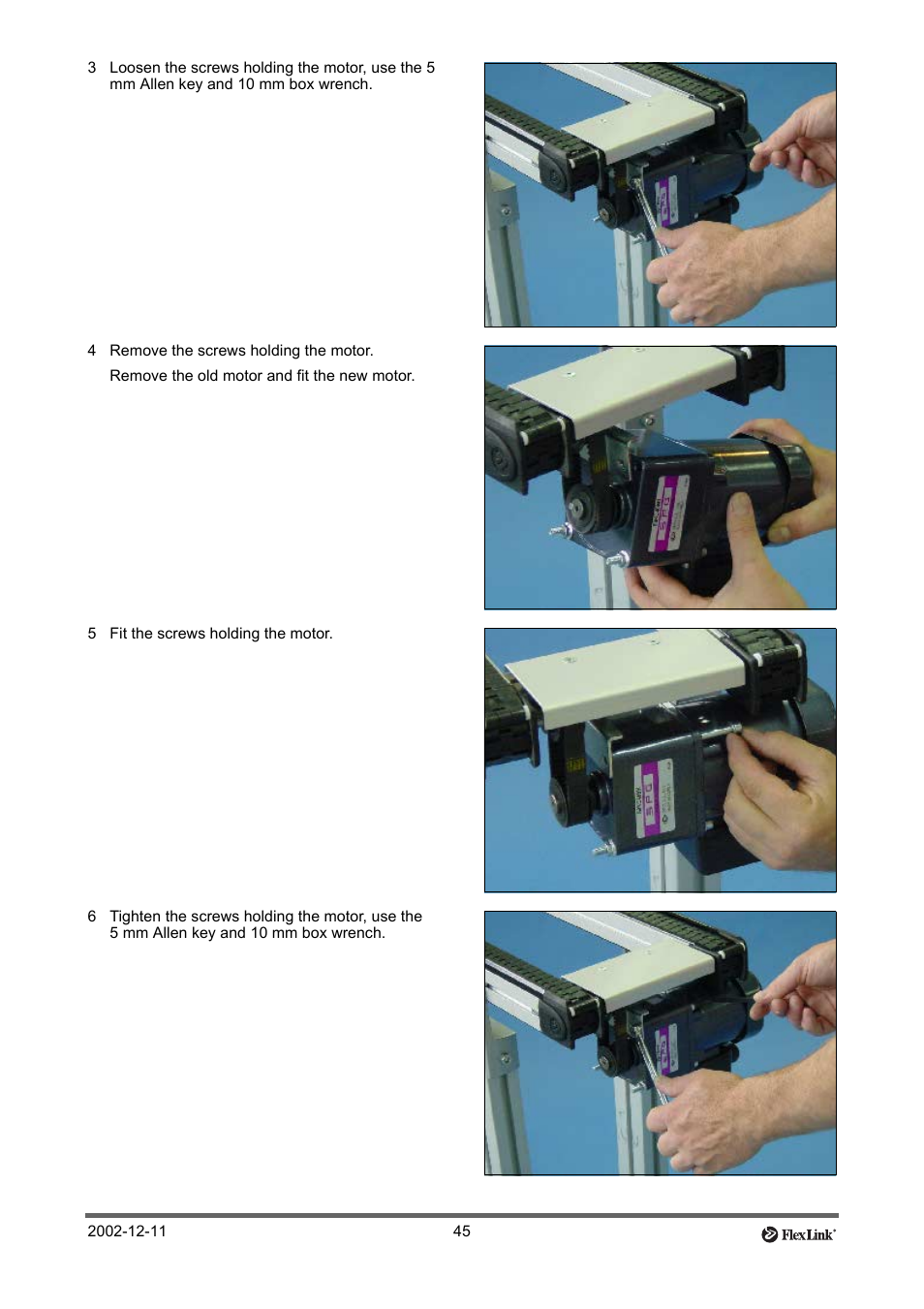 4 remove the screws holding the motor, 5 fit the screws holding the motor | FlexLink XT (макс. 30 кг) Тех. обслуживание User Manual | Page 45 / 67