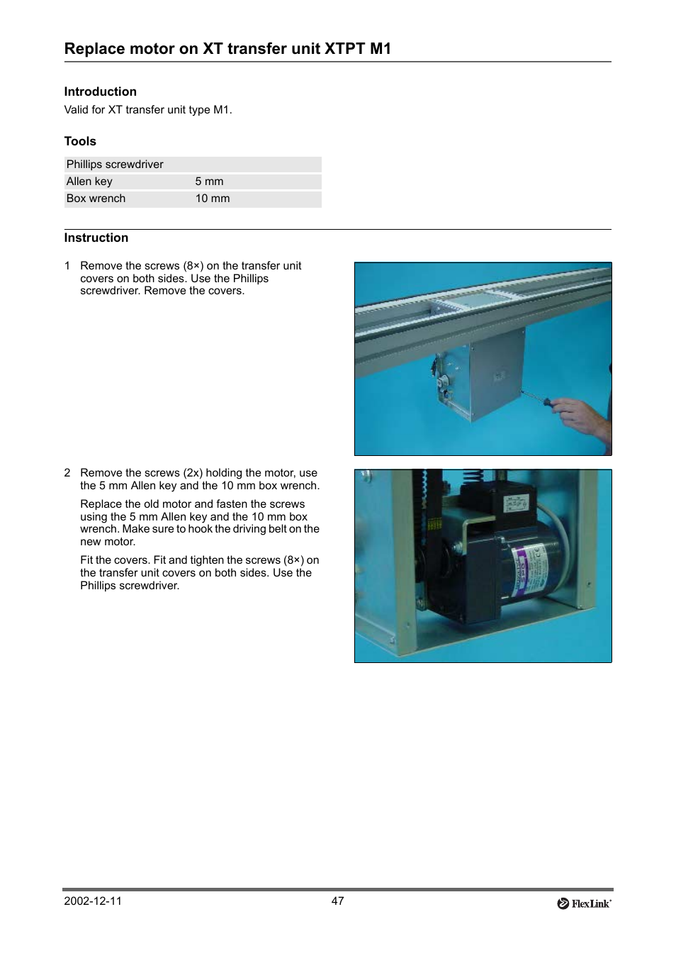 Replace motor on xt transfer unit xtpt m1, Introduction, Tools | Instruction, Replace motor on xt, Transfer unit xtpt m1” on | FlexLink XT (макс. 30 кг) Тех. обслуживание User Manual | Page 47 / 67