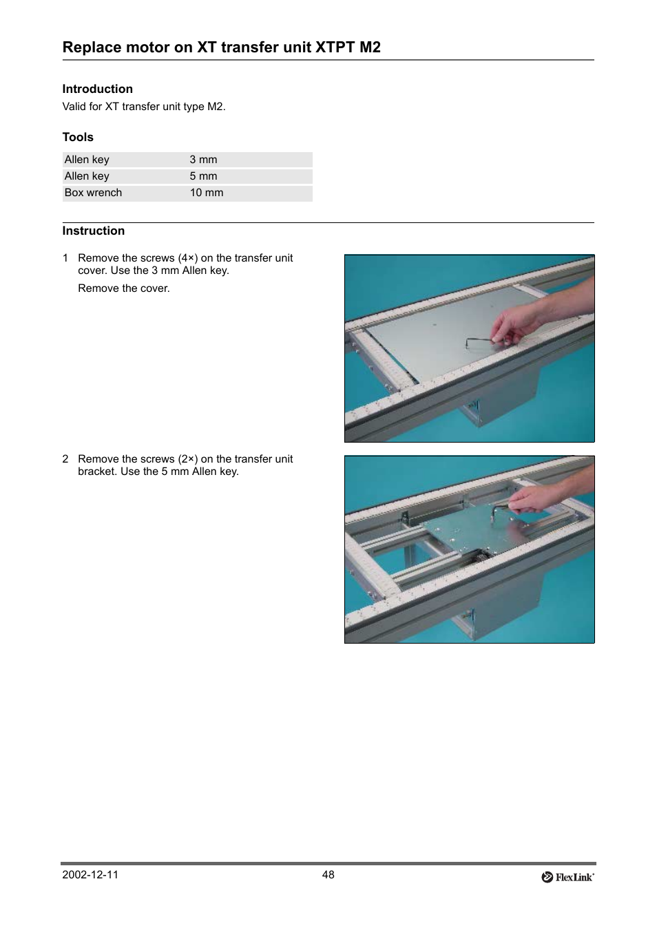 Replace motor on xt transfer unit xtpt m2, Introduction, Tools | Instruction, Replace motor on xt, Transfer unit xtpt m2” on | FlexLink XT (макс. 30 кг) Тех. обслуживание User Manual | Page 48 / 67