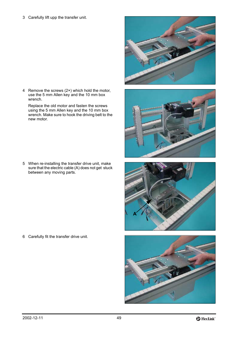 3 carefully lift upp the transfer unit, 6 carefully fit the transfer drive unit | FlexLink XT (макс. 30 кг) Тех. обслуживание User Manual | Page 49 / 67