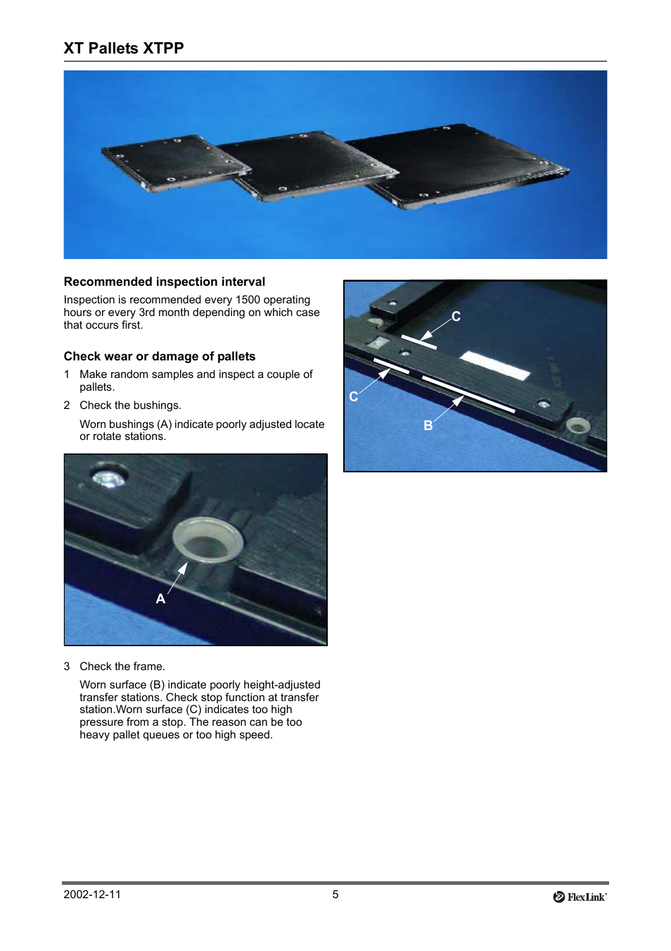 Xt pallets xtpp, Recommended inspection interval, Check wear or damage of pallets | 2 check the bushings, 3 check the frame | FlexLink XT (макс. 30 кг) Тех. обслуживание User Manual | Page 5 / 67