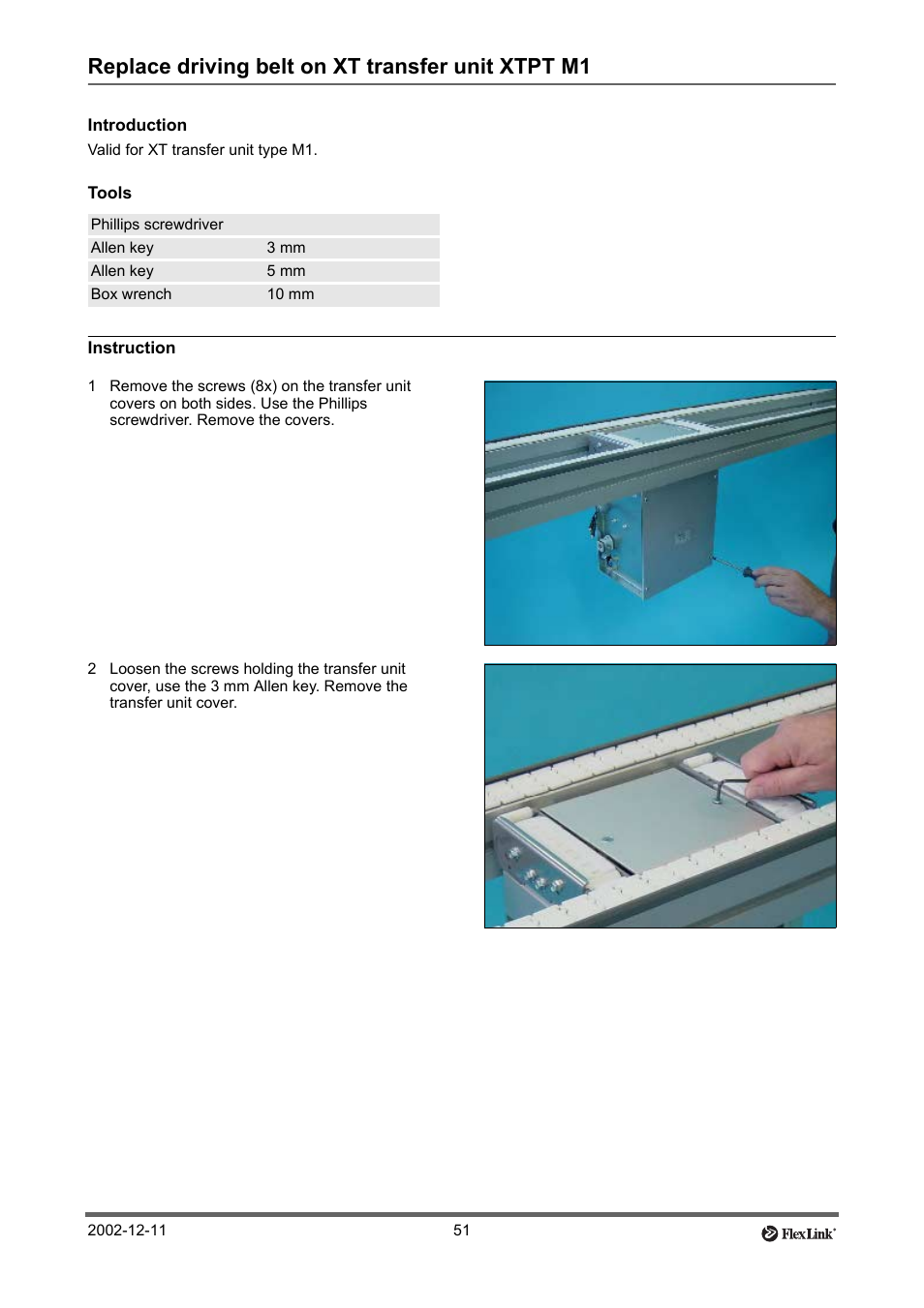 Replace driving belt on xt transfer unit xtpt m1, Introduction, Tools | Instruction, Replace driving belt on, Xt transfer unit xtpt m1 | FlexLink XT (макс. 30 кг) Тех. обслуживание User Manual | Page 51 / 67
