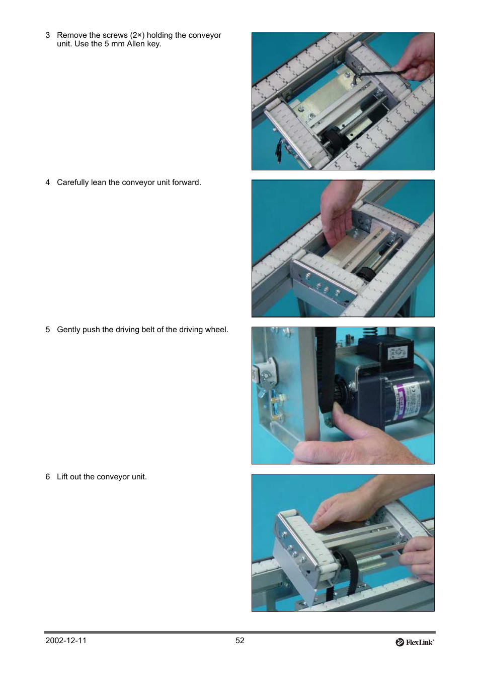 4 carefully lean the conveyor unit forward, 6 lift out the conveyor unit | FlexLink XT (макс. 30 кг) Тех. обслуживание User Manual | Page 52 / 67