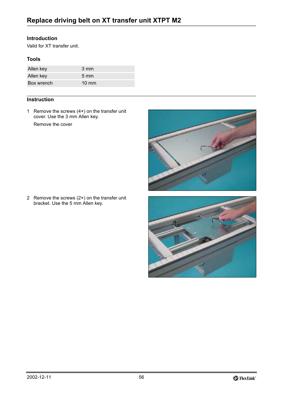 Replace driving belt on xt transfer unit xtpt m2, Introduction, Tools | Instruction, Replace driving belt on, Xt transfer unit xtpt m2 | FlexLink XT (макс. 30 кг) Тех. обслуживание User Manual | Page 56 / 67