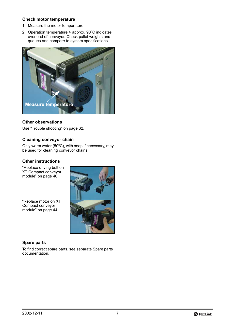 Check motor temperature, 1 measure the motor temperature, Other observations | Cleaning conveyor chain, Other instructions, Spare parts | FlexLink XT (макс. 30 кг) Тех. обслуживание User Manual | Page 7 / 67
