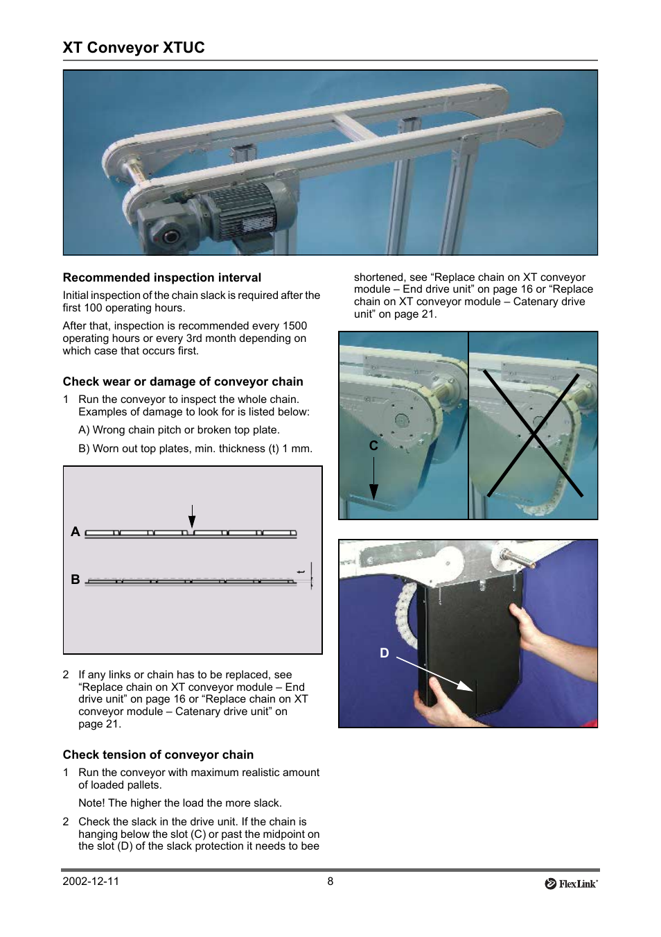 Xt conveyor xtuc, Recommended inspection interval, Check wear or damage of conveyor chain | Check tension of conveyor chain | FlexLink XT (макс. 30 кг) Тех. обслуживание User Manual | Page 8 / 67