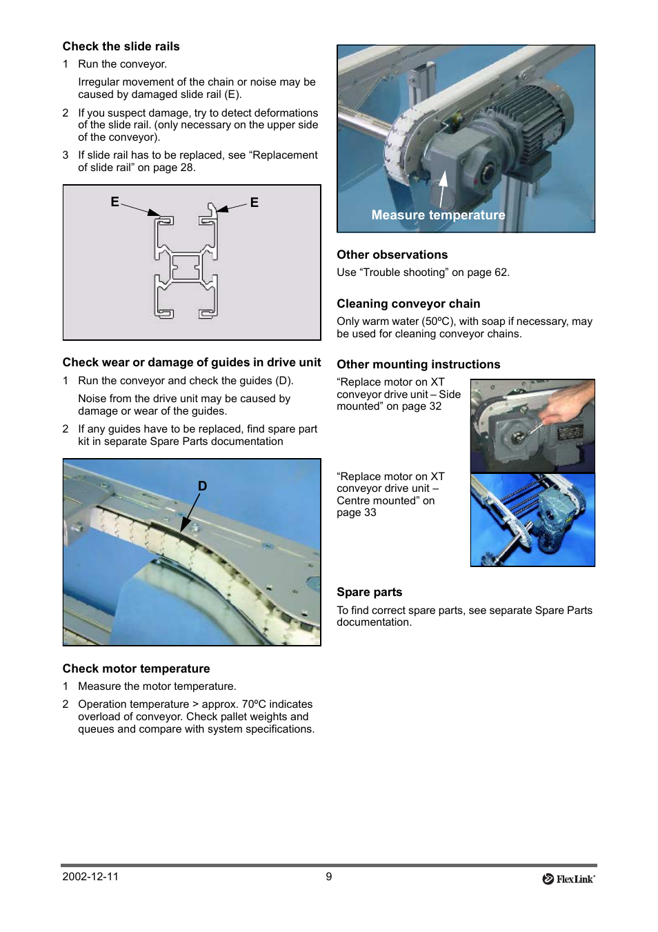 Check the slide rails, 1 run the conveyor, Check wear or damage of guides in drive unit | 1 run the conveyor and check the guides (d), Check motor temperature, 1 measure the motor temperature, Other observations, Cleaning conveyor chain, Other mounting instructions, Spare parts | FlexLink XT (макс. 30 кг) Тех. обслуживание User Manual | Page 9 / 67