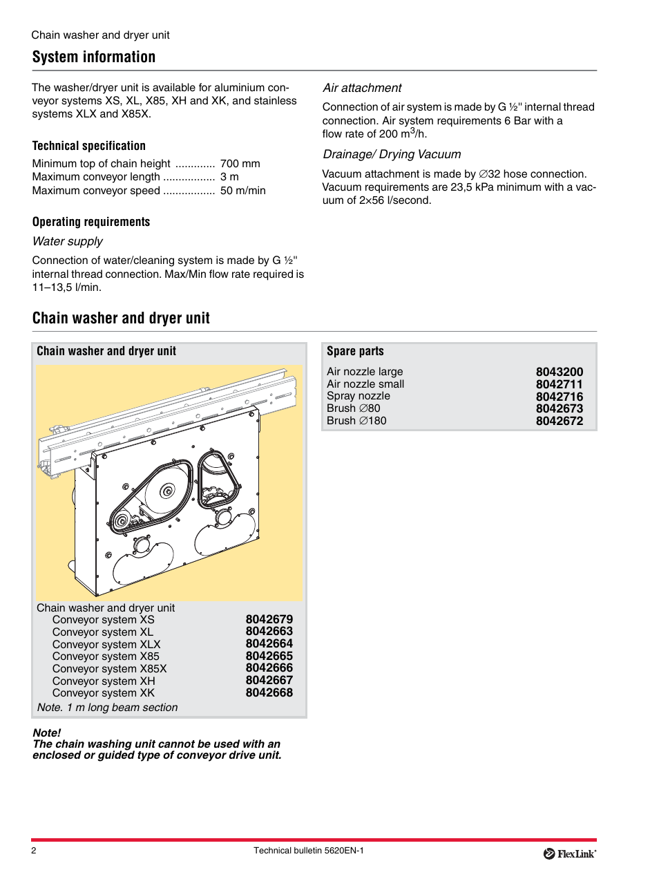 System information, Technical specification, Operating requirements | Chain washer and dryer unit, Spare parts | FlexLink Блок очистки_сушки конвейера User Manual | Page 2 / 2