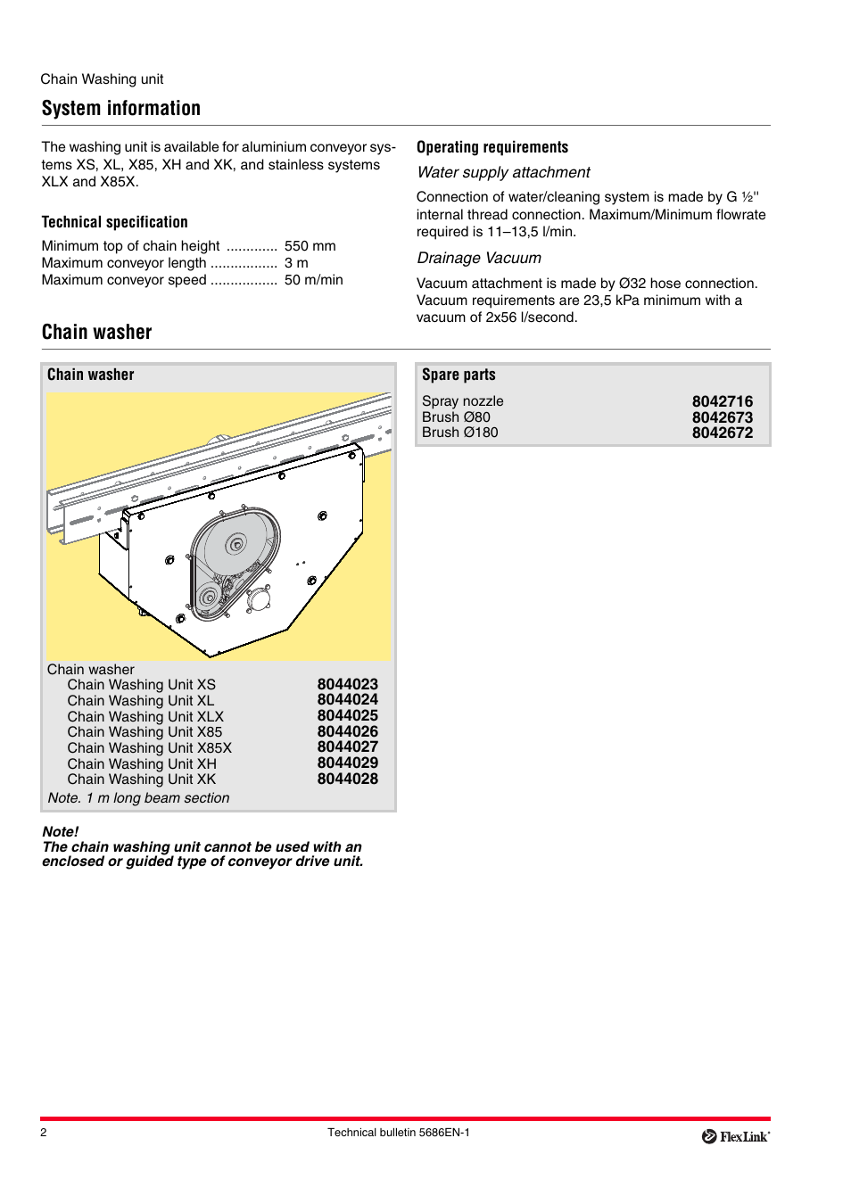 System information, Technical specification, Operating requirements | Chain washer, Spare parts | FlexLink Блок очистки конвейера User Manual | Page 2 / 2