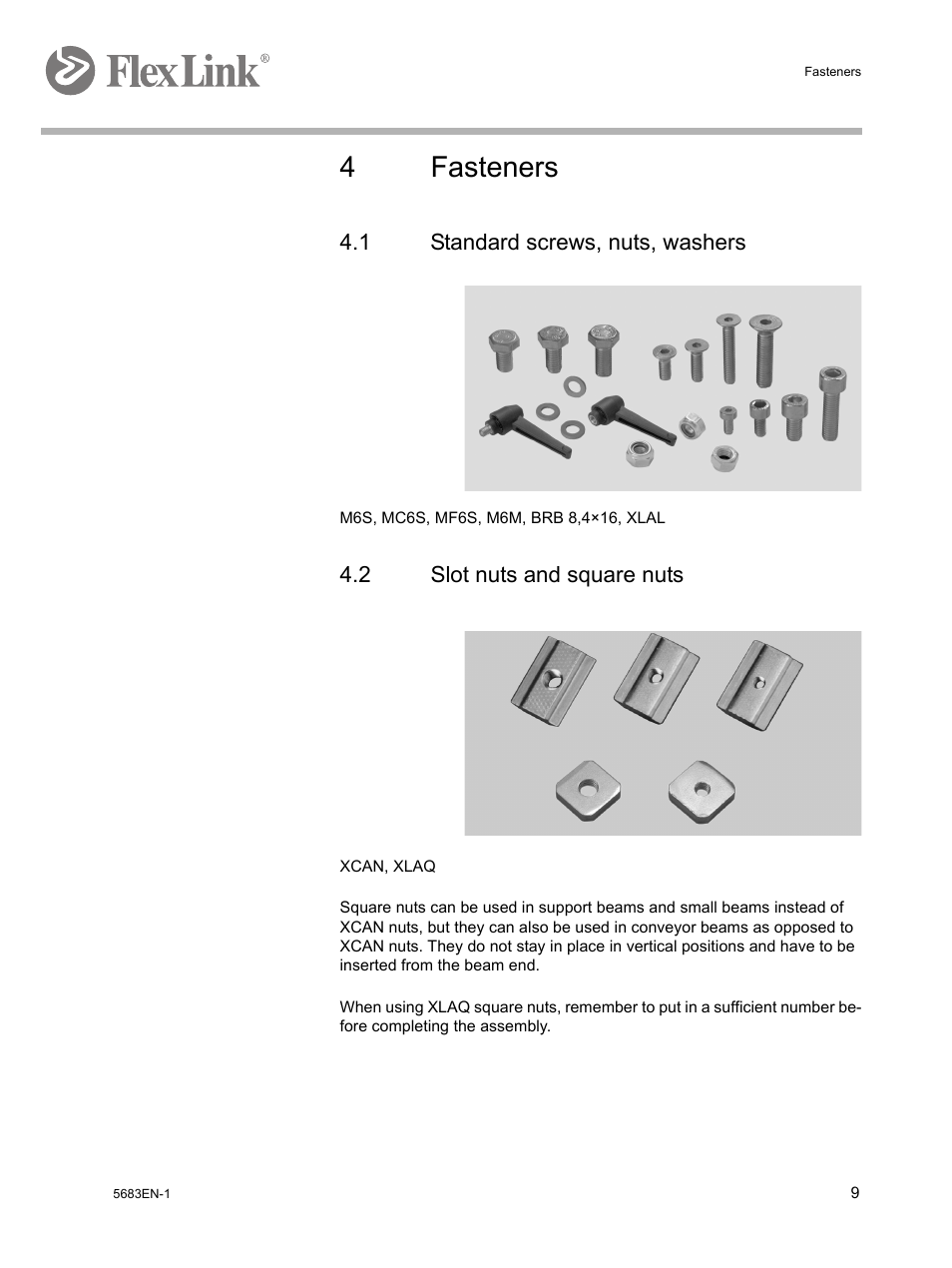 4 fasteners, 1 standard screws, nuts, washers, 2 slot nuts and square nuts | 4fasteners | FlexLink WL322 (322 мм) Монтаж User Manual | Page 13 / 48