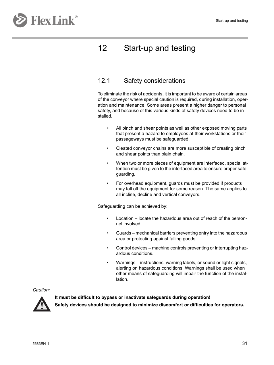 12 start-up and testing, 1 safety considerations | FlexLink WL322 (322 мм) Монтаж User Manual | Page 35 / 48