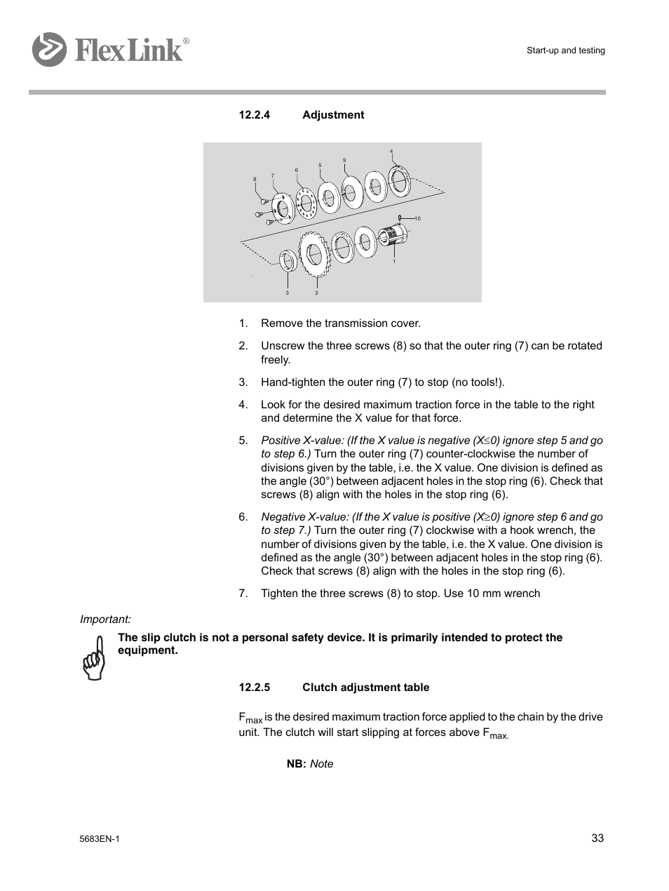 4 adjustment, Remove the transmission cover, 5 clutch adjustment table | FlexLink WL322 (322 мм) Монтаж User Manual | Page 37 / 48