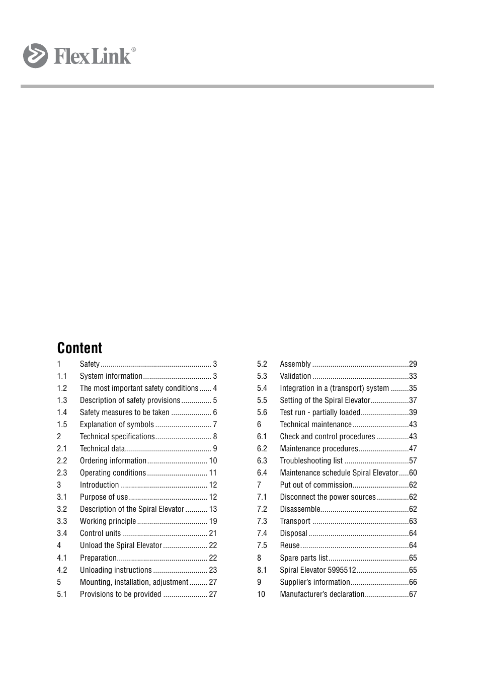 Content | FlexLink Spiral Elevator User Manual | Page 5 / 74