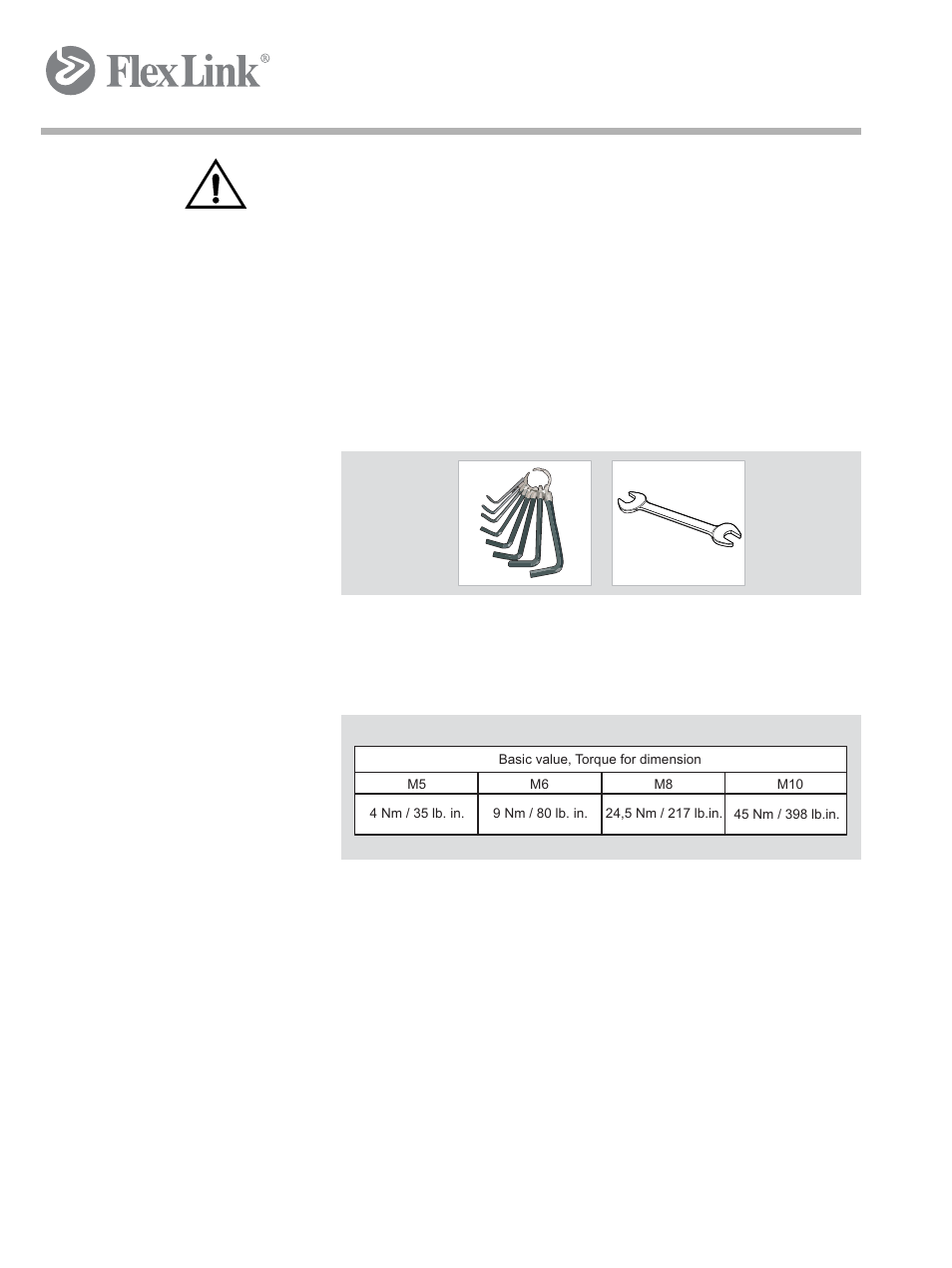 5 mounting, installation, adjustment, 1 recommended tools, Figure 8 tools | 2 basic value, torque for dimension, Figure 9 basic value, 5mounting, installation, adjustment | FlexLink X65 Функциональные модули Руководство пользователя User Manual | Page 39 / 48