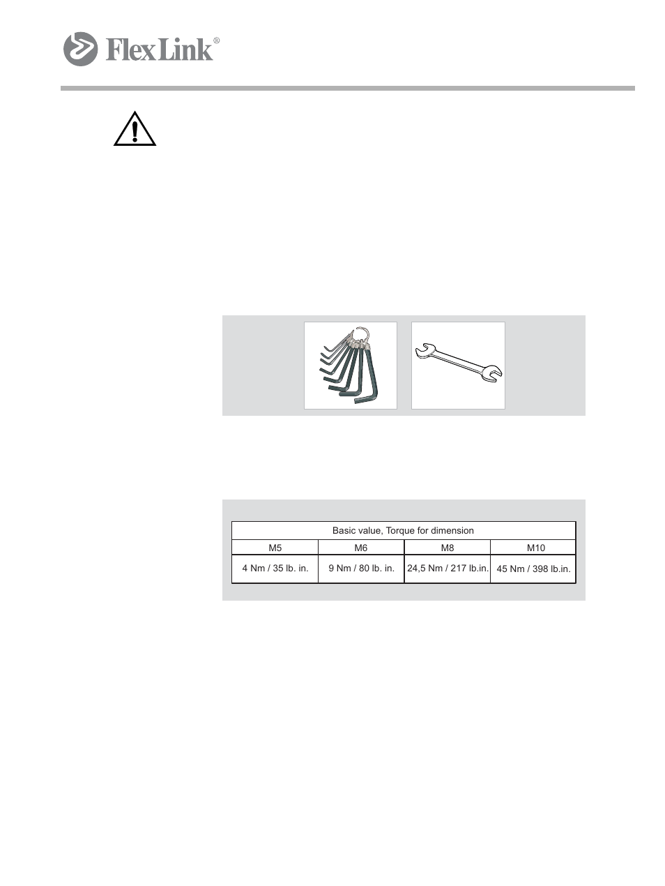 5 mounting, installation, adjustment, 1 recommended tools, 2 basic value, torque for dimension | Mounting, installation, adjustment 16, 5mounting, installation, adjustment | FlexLink X65 Основной модуль XLUL 11 Руководство пользователя User Manual | Page 24 / 30