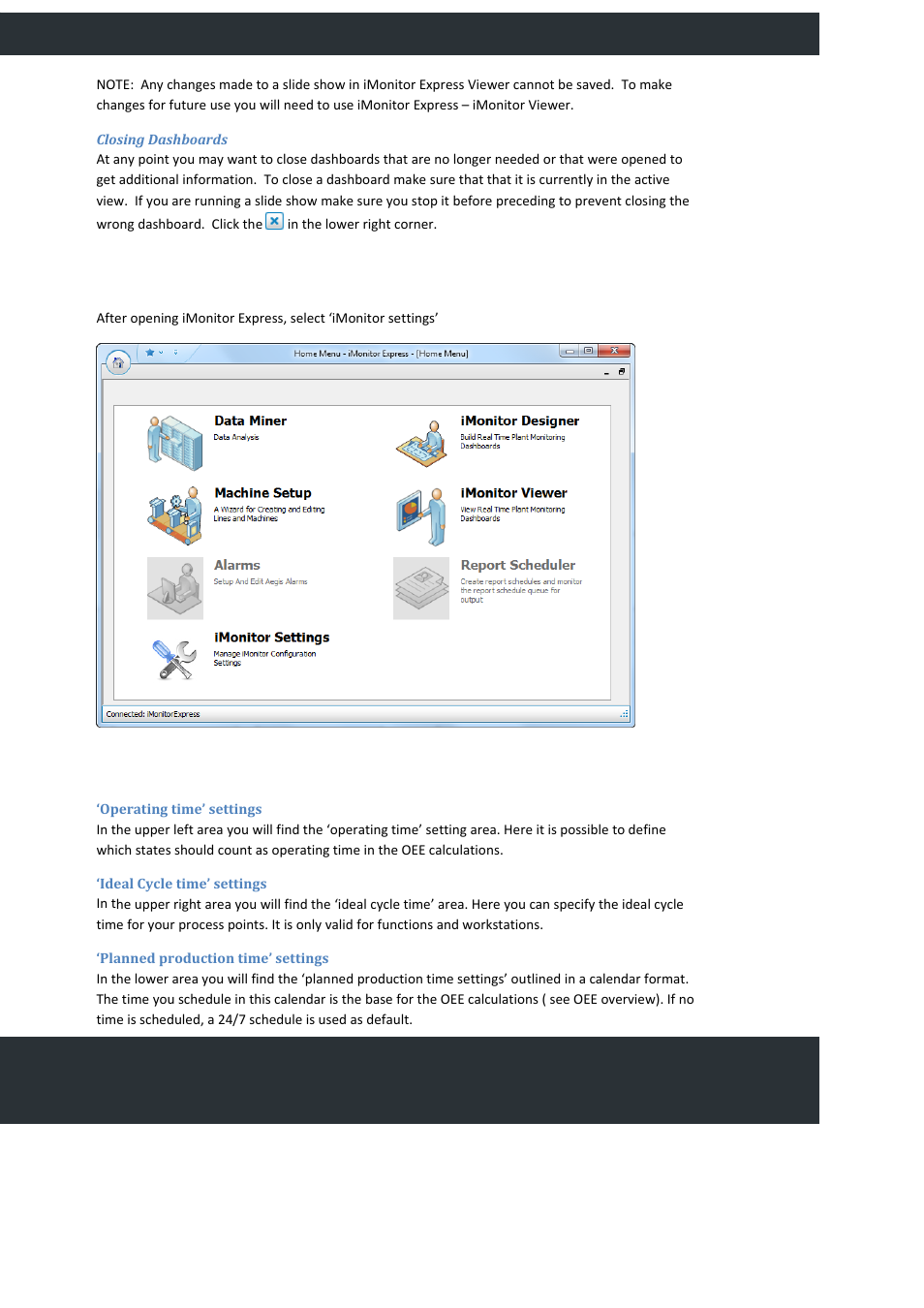Closing dashboards, Imonitor settings, Oee configuration | Operating time’ settings, Ideal cycle time’ settings, Planned production time’ settings | FlexLink YOUTILIZE User Manual | Page 84 / 125
