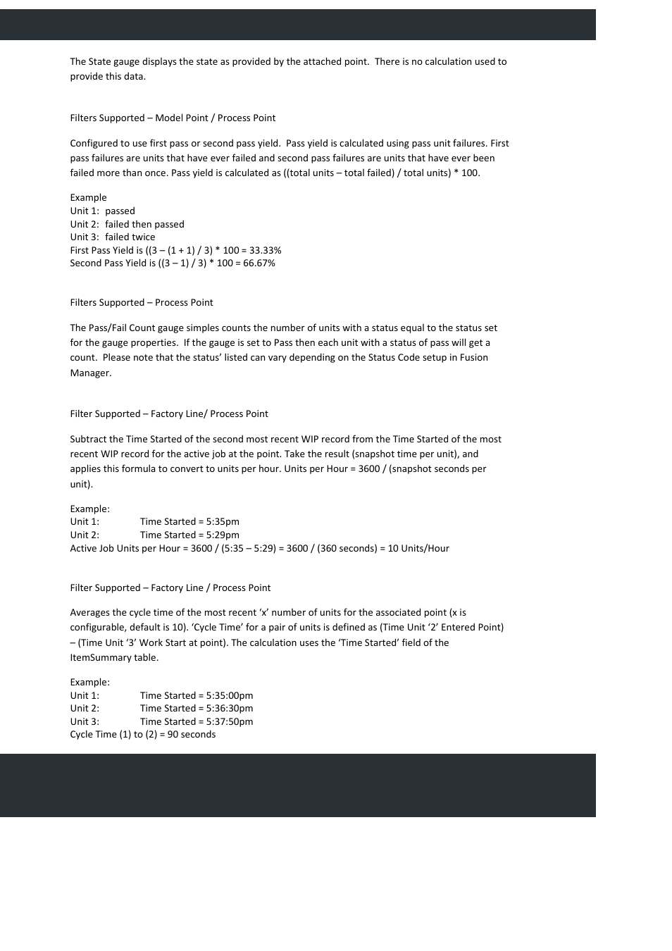 Pass yield gauge, pass yield numeric indicator, Units per hour gauge and indicator, Average cycle time gauge and indicator | FlexLink YOUTILIZE User Manual | Page 88 / 125