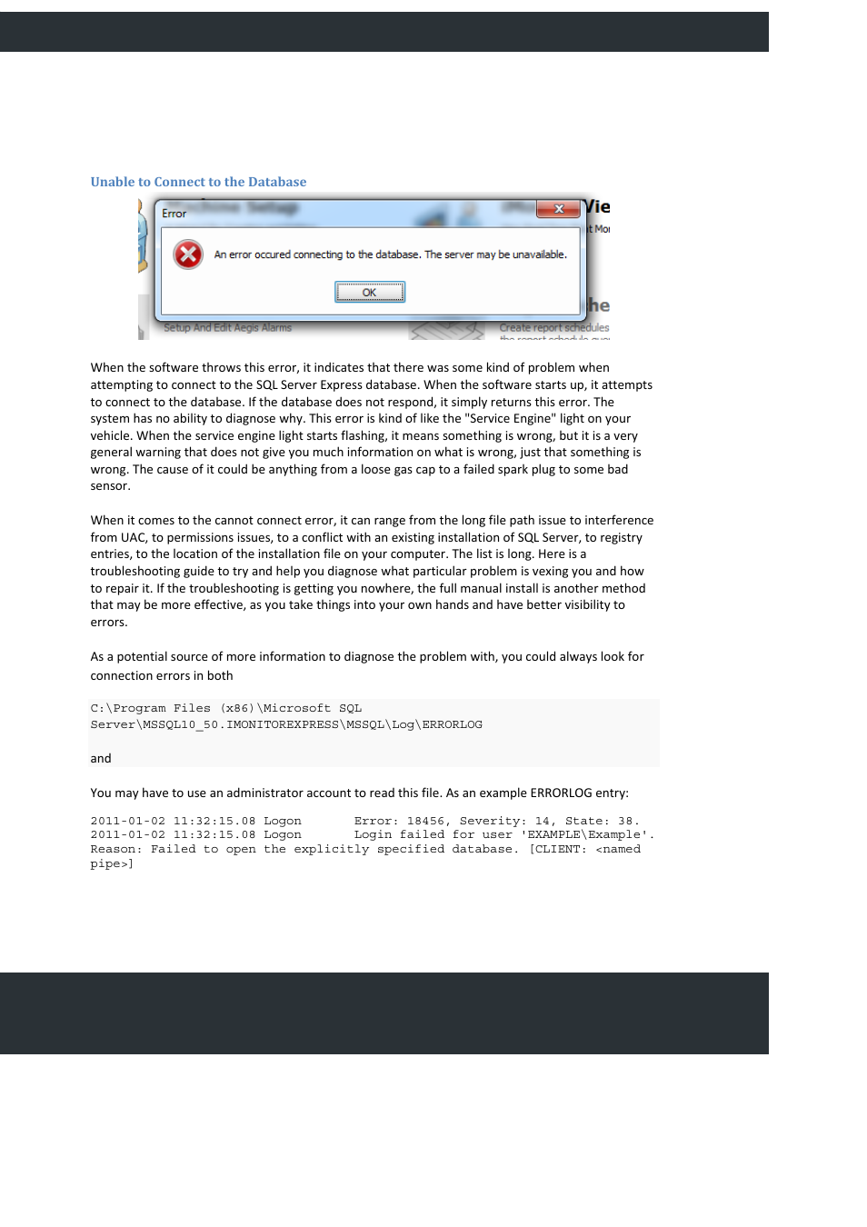 Troubleshooting, Sql server, Unable to connect to the database | Providing production efficiency | FlexLink YOUTILIZE User Manual | Page 98 / 125