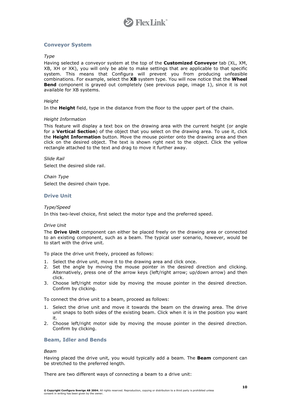 Type, Height, Height information | Slide rail, Chain type, Drive unit, Type/speed, Beam, idler and bends, Beam | FlexLink Configura User Manual | Page 10 / 41